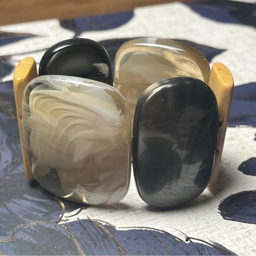 Vintage 70s MOD Chunky Black and Cream Acrylic and Wood Oversized Bracelet